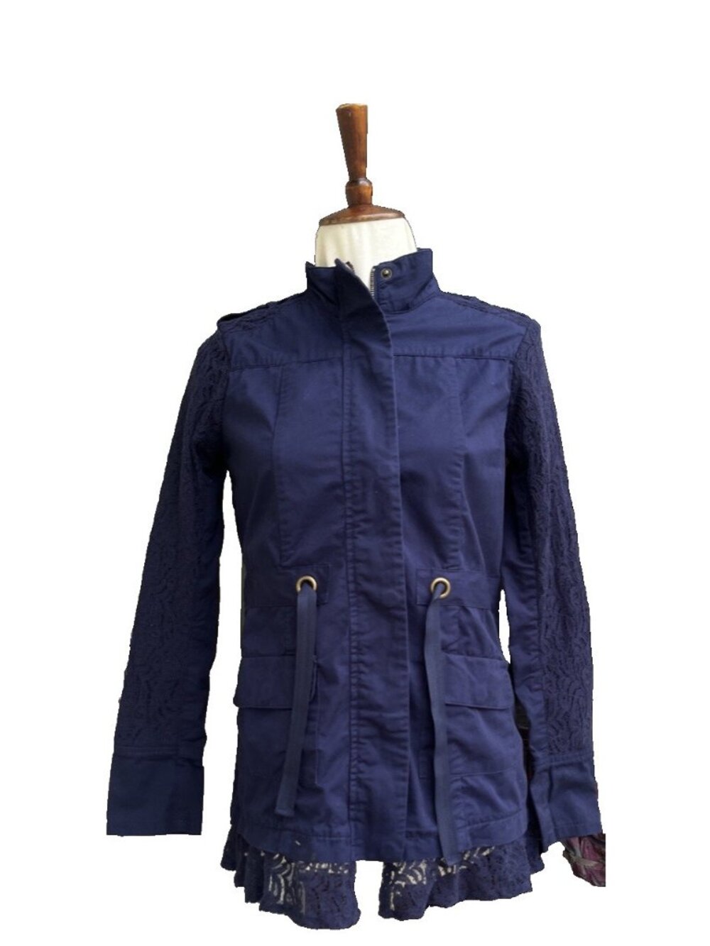 Maison Jules Blue Lace Utility Jacket XS | Military | Cinched Waist | Cotton
